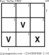 The grouppuzzles.com Easy TicTac-VWX puzzle for Wednesday December 16, 2020 with all 2 steps marked