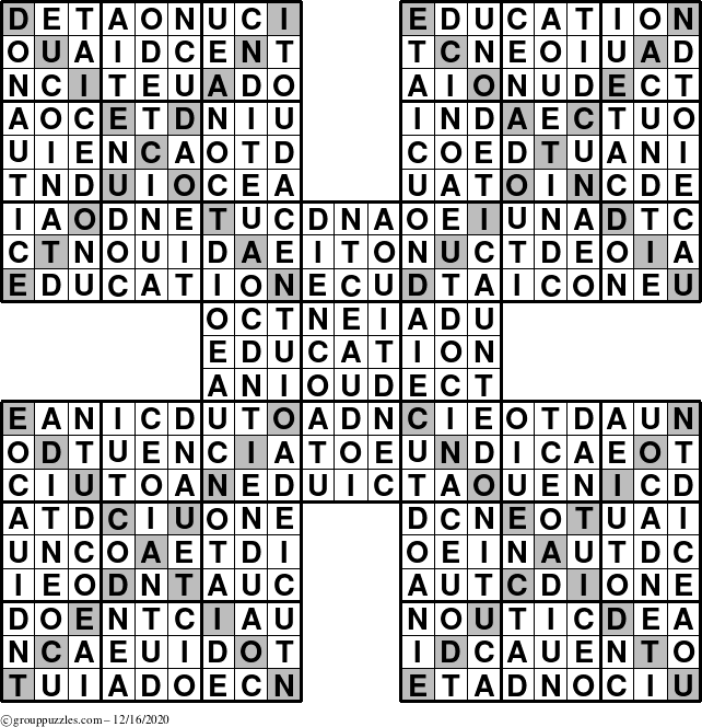 The grouppuzzles.com Answer grid for the Education-Xtreme puzzle for Wednesday December 16, 2020