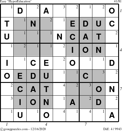 The grouppuzzles.com Easy HyperEducation-i23 puzzle for Wednesday December 16, 2020 with all 4 steps marked