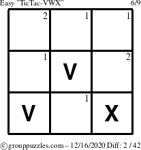 The grouppuzzles.com Easy TicTac-VWX puzzle for Wednesday December 16, 2020 with the first 2 steps marked